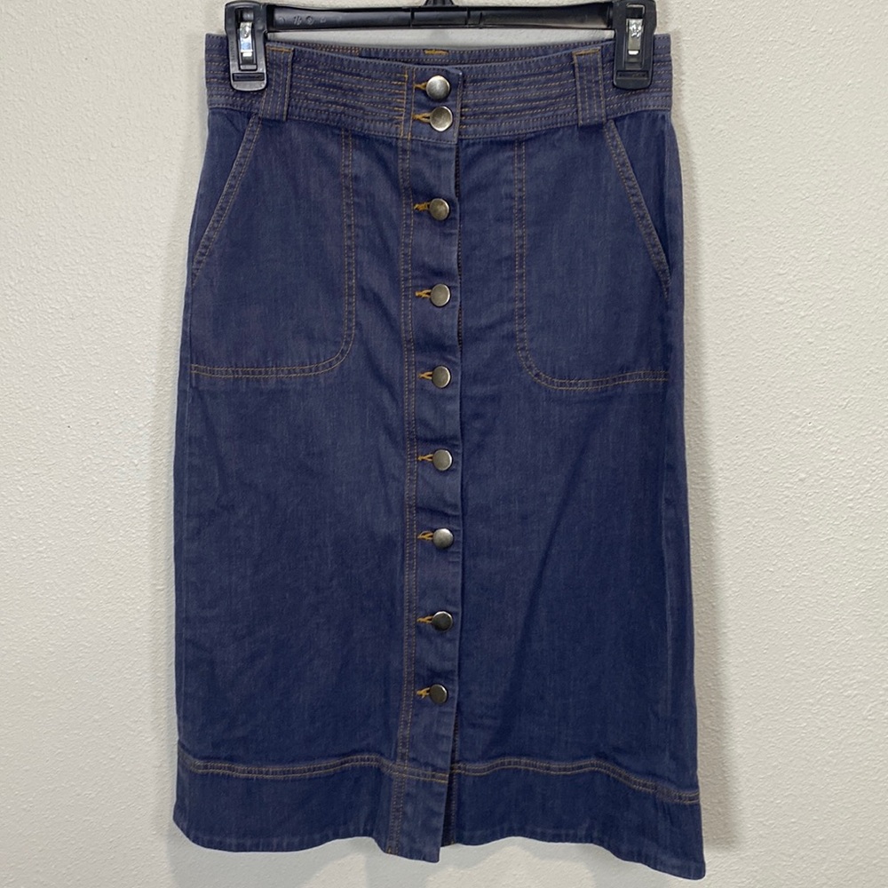 Margaret O'Leary Navy Blue Button-Front Midi Denim Skirt